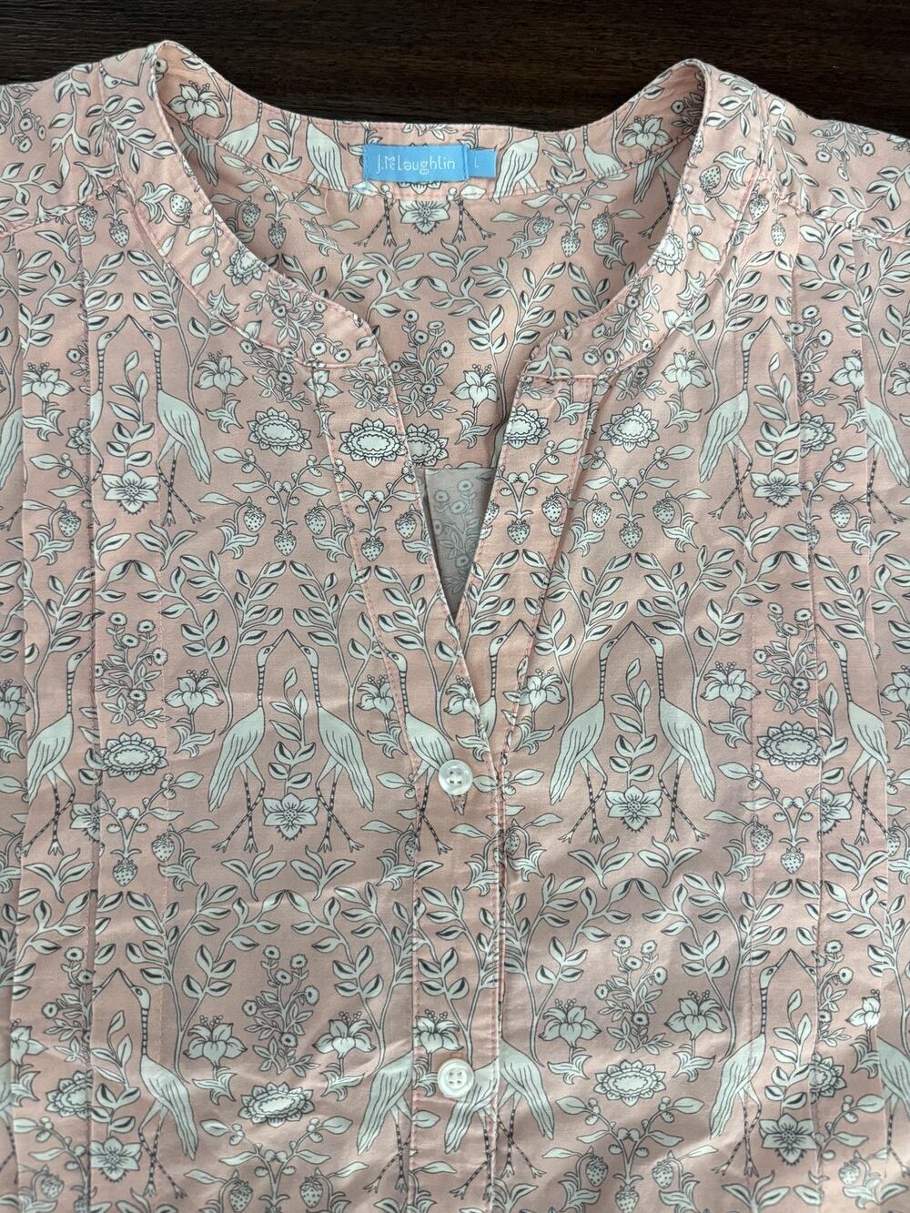 J McLaughlin Blouse Shirt Pink Bird Floral 3/4 Balloon Sleeve Silk Cotton L